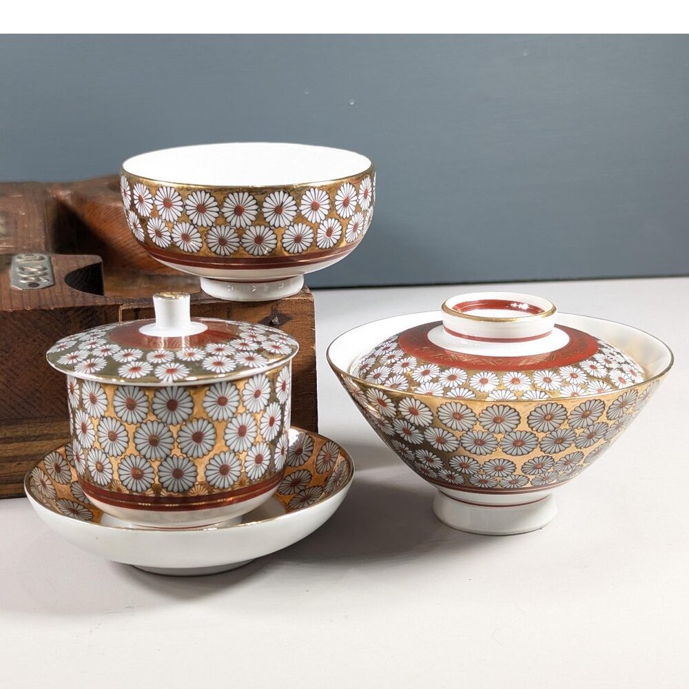 Vintage Japanese Kutani Ware Gilded Chrysanthemum Crest small tea or snack set
